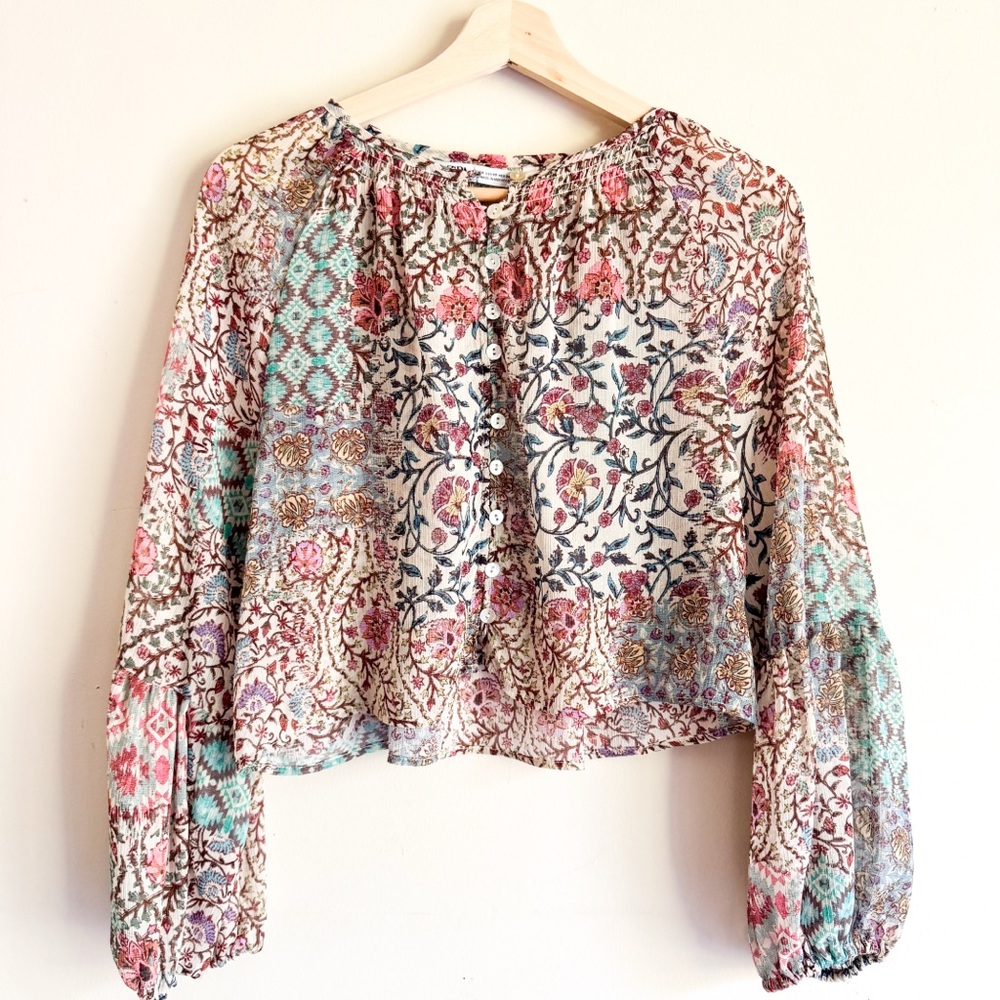 Zara Bohemian Graphic Crop Blouse Size XS